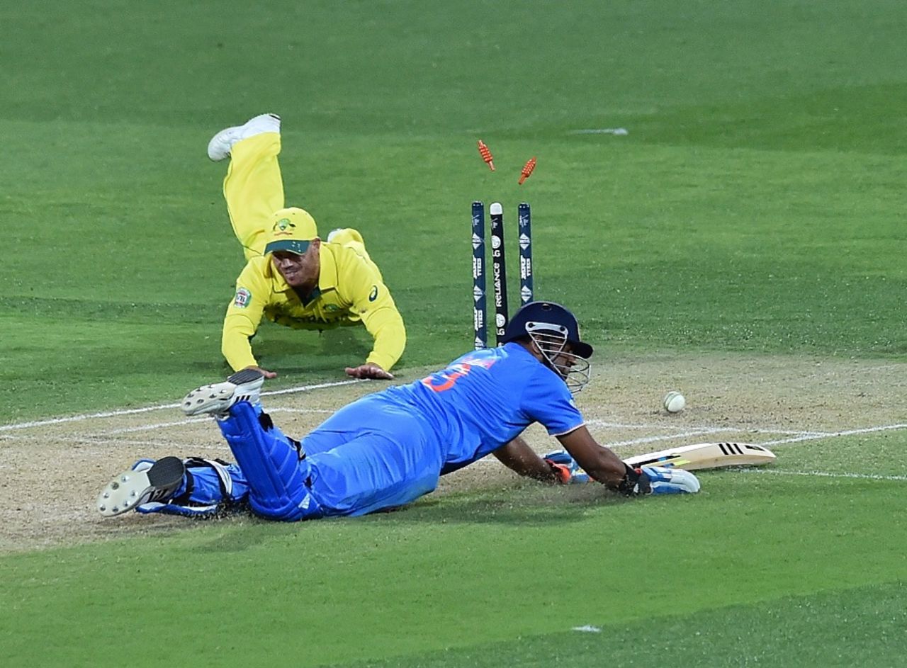 Suresh Raina was run out by a direct hit from David Warner, Australia v India, World Cup warm-ups, Adelaide, February 8, 2015