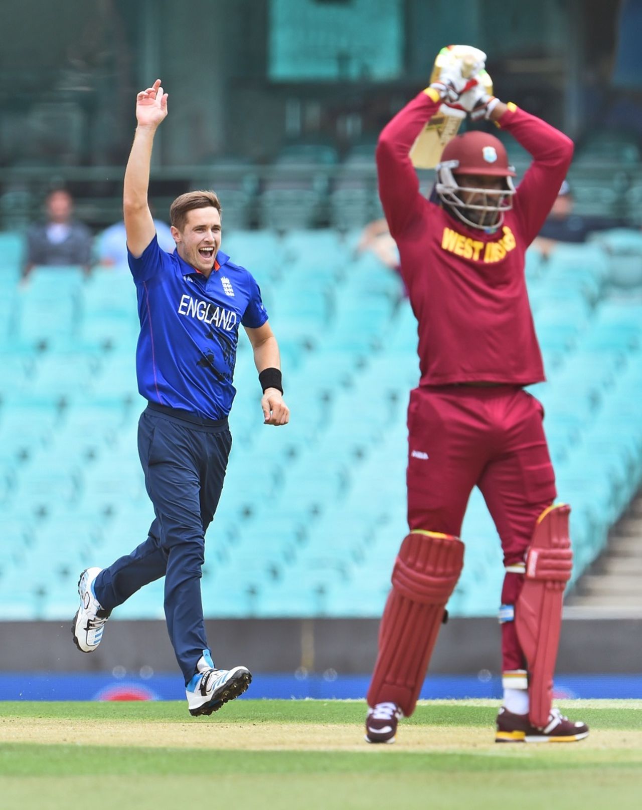 Chris Woakes dismissed Chris Gayle for a golden duck, England v West Indies, World Cup warm-up match, Sydney, February 9, 2015 