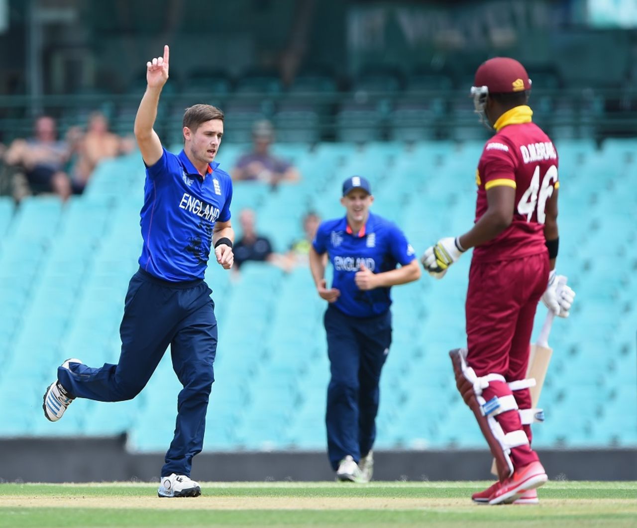 Chris Woakes sent back Darren Bravo for a first-ball duck, England v West Indies, World Cup warm-up match, Sydney, February 9, 2015