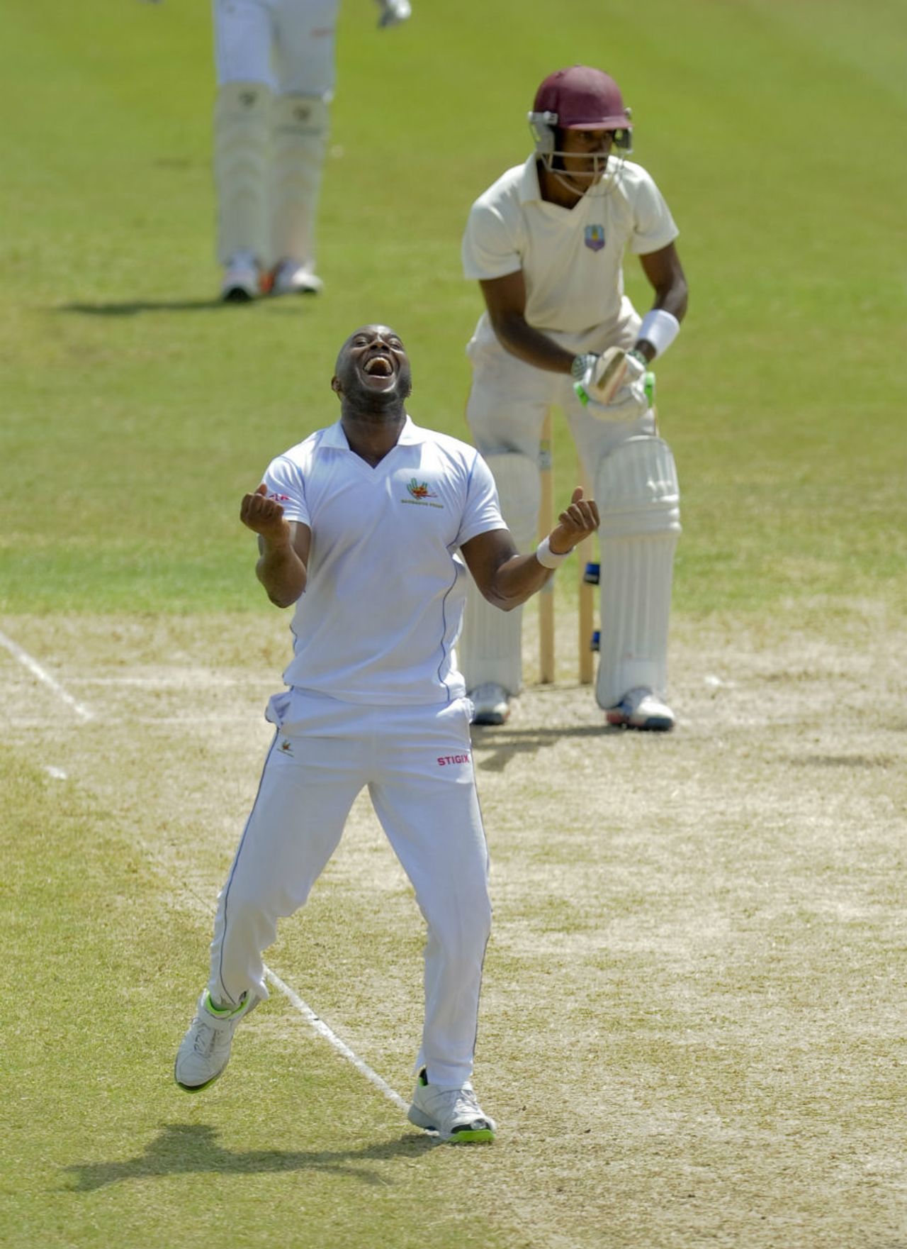 Tino Best celebrates taking a wicket, Barbados v Leeward Islands, Regional 4 Day Tournament 2014-15, 3rd day, Bridgetown, February 8, 2015