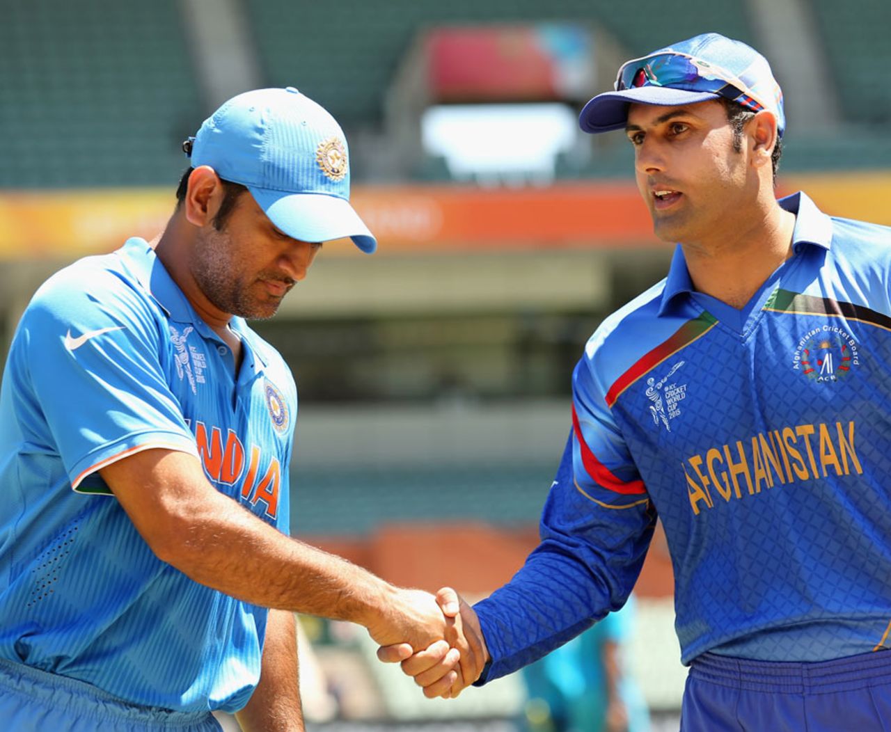MS Dhoni and Mohammad Nabi shake hands at the toss, Afghanistan v India, World Cup warm-ups, Adelaide, February 10, 2015