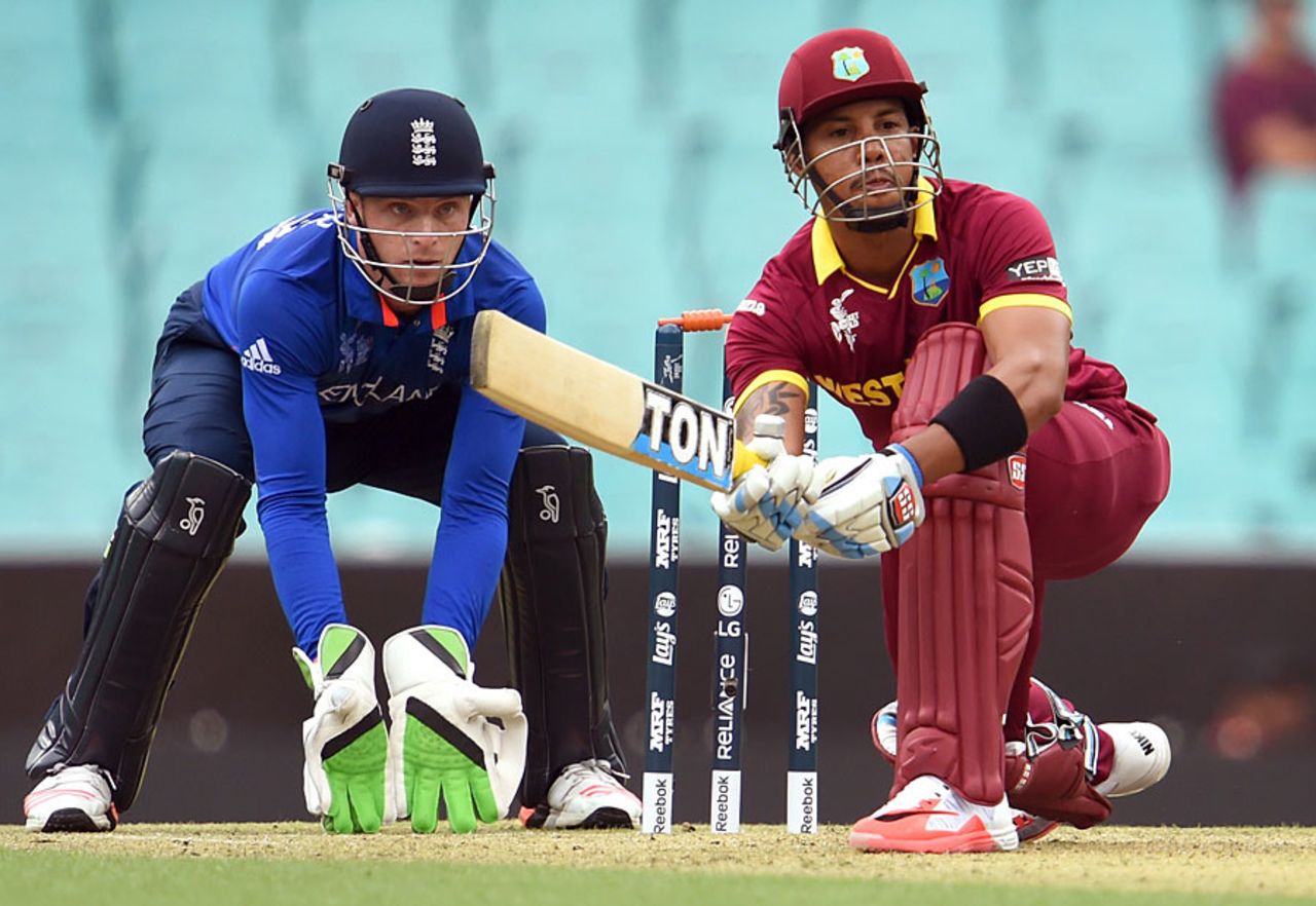 Jos Buttler watches Lendl Simmons sweep, England v West Indies, World Cup warm-up match, Sydney, February 9, 2015