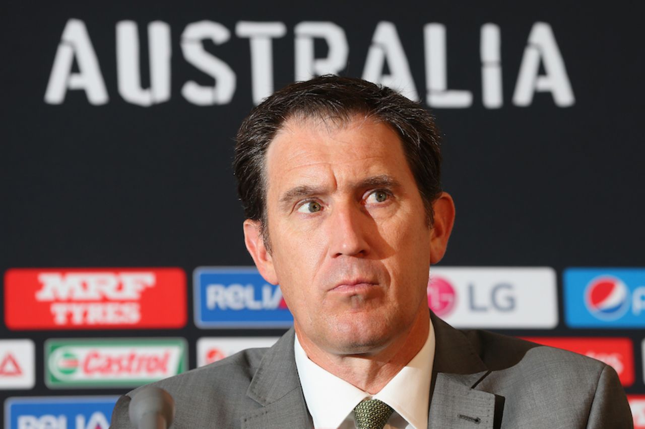 James Sutherland reacts during a press conference, World Cup 2015, Melbourne, February 10, 2015
