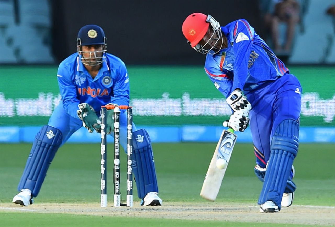 Usman Ghani comes down the pitch, Afghanistan v India, World Cup warm-ups, Adelaide, February 10, 2015