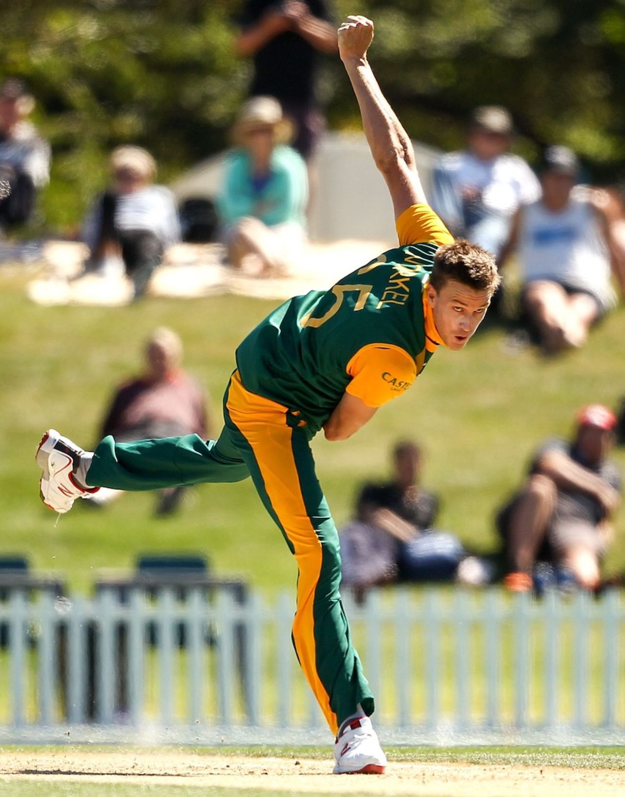 Morne Morkel in action at Hagley Oval, New Zealand v South Africa, World Cup warm-up match, Christchurch, February 11, 2015