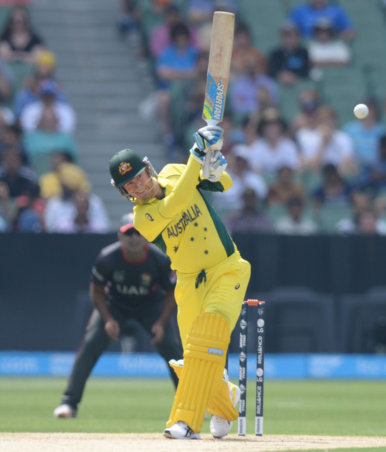 Michael Clarke hits through midwicket enroute his half-century, Australia v UAE, World Cup warm-up, Melbourne, February 11, 2015
