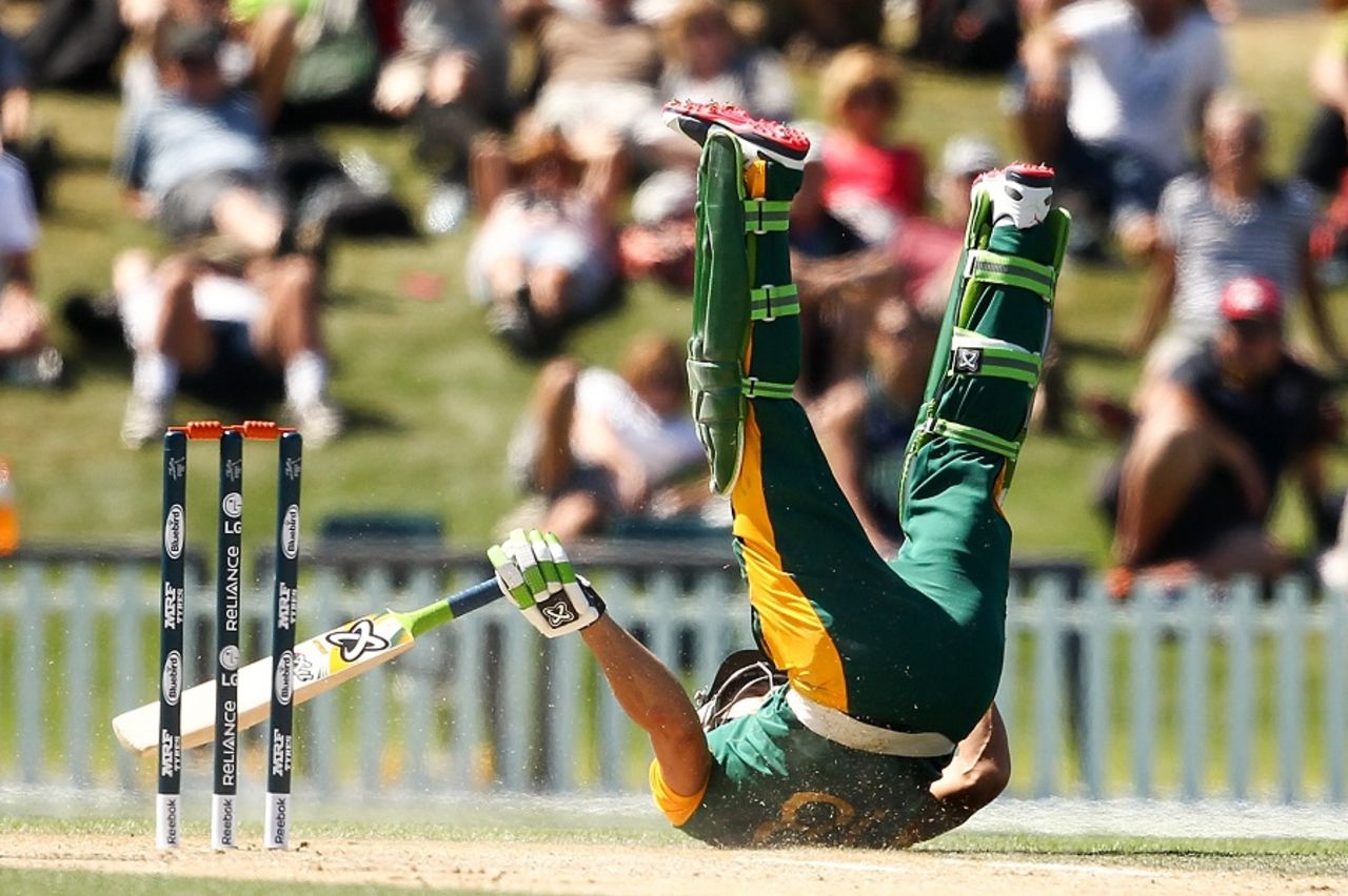 Bottoms-up: Faf du Plessis takes a tumble, New Zealand v South Africa, World Cup warm-up match, Christchurch, February 11, 2015