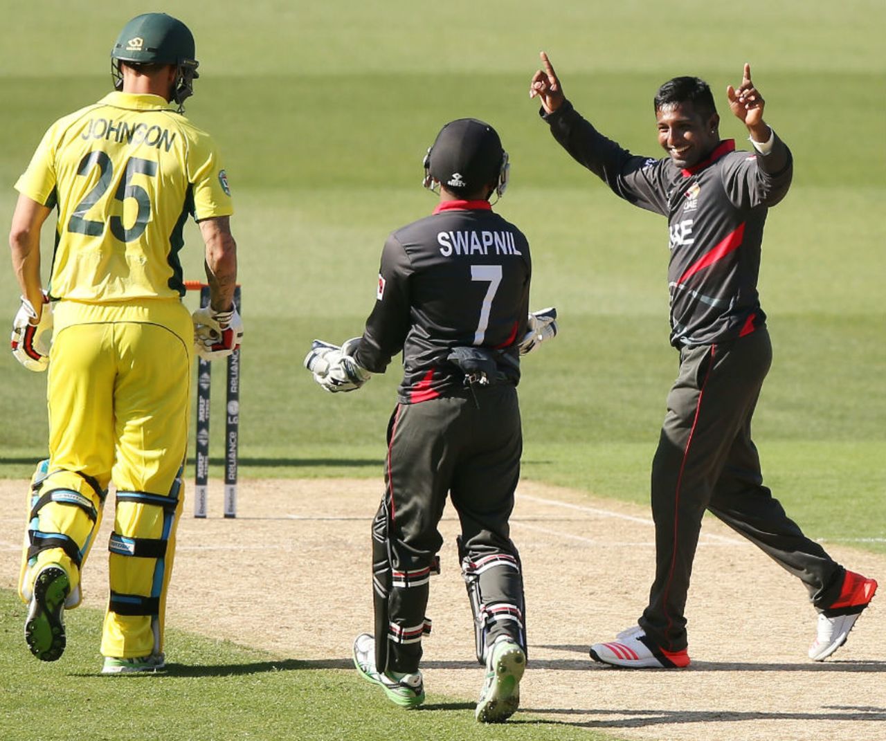 Krishna Chandran celebrates taking a wicket, Australia v UAE, World Cup warm-up, Melbourne, February 11, 2015