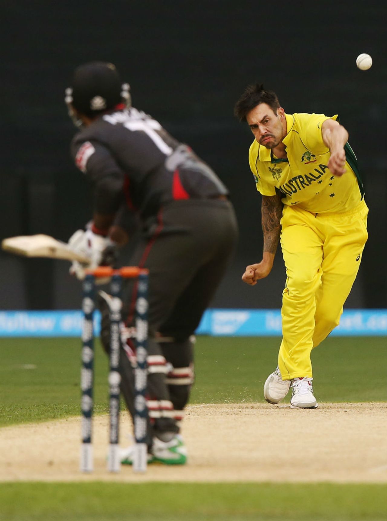 Mitchell Johnson bowls to Amjad Ali, Australia v UAE, World Cup warm-up, Melbourne, February 11, 2015