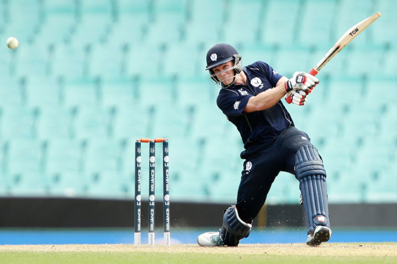 Richie Berrington muscles the ball to the off side, Scotland v West Indies, World Cup warm-up, Sydney, February 12, 2015