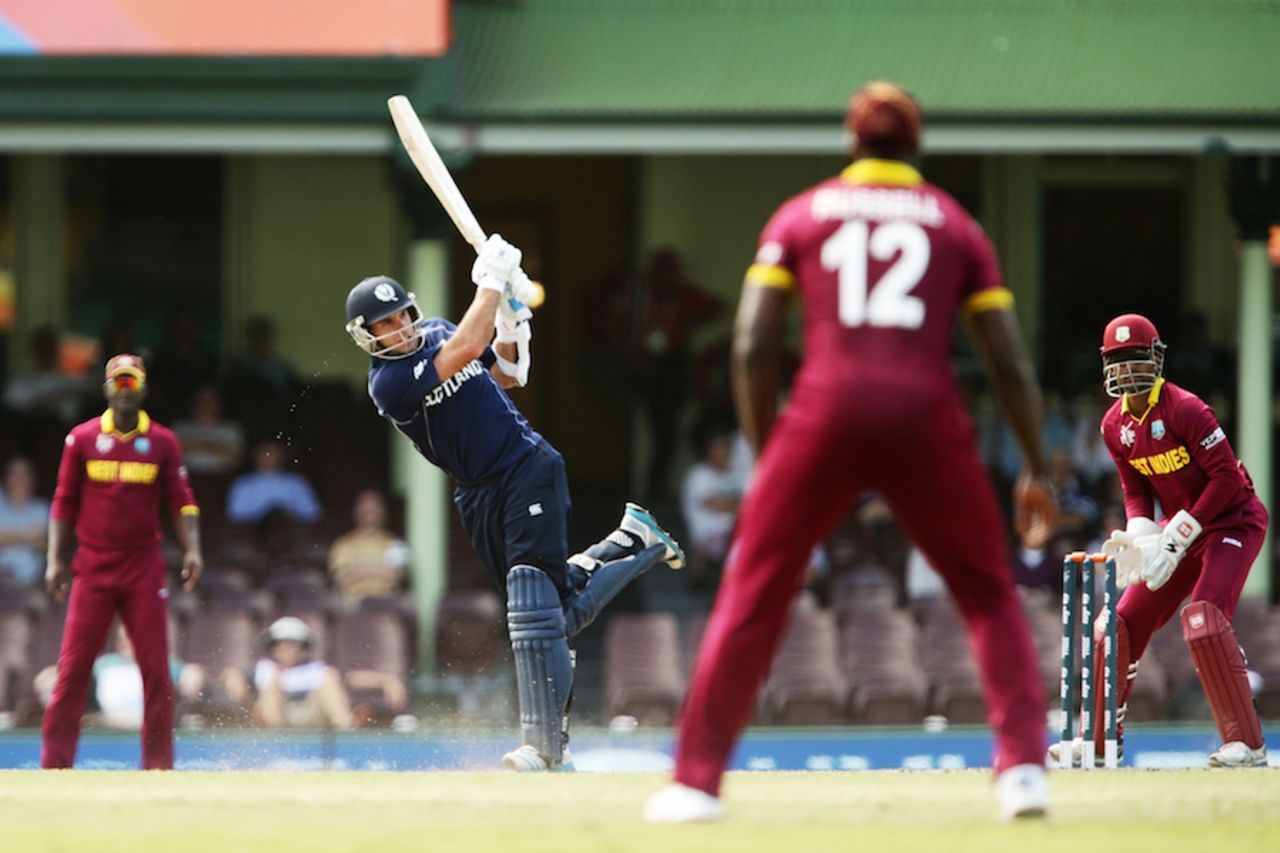 Kyle Coetzer whips the ball on the leg side, Scotland v West Indies, World Cup warm-up, Sydney, February 12, 2015