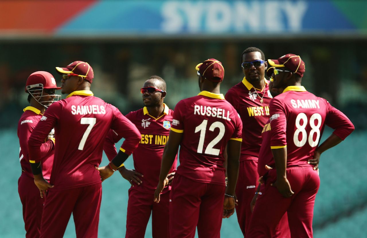 West Indies players celebrate a fall of wicket, Scotland v West Indies, World Cup warm-up, Sydney, February 12, 2015