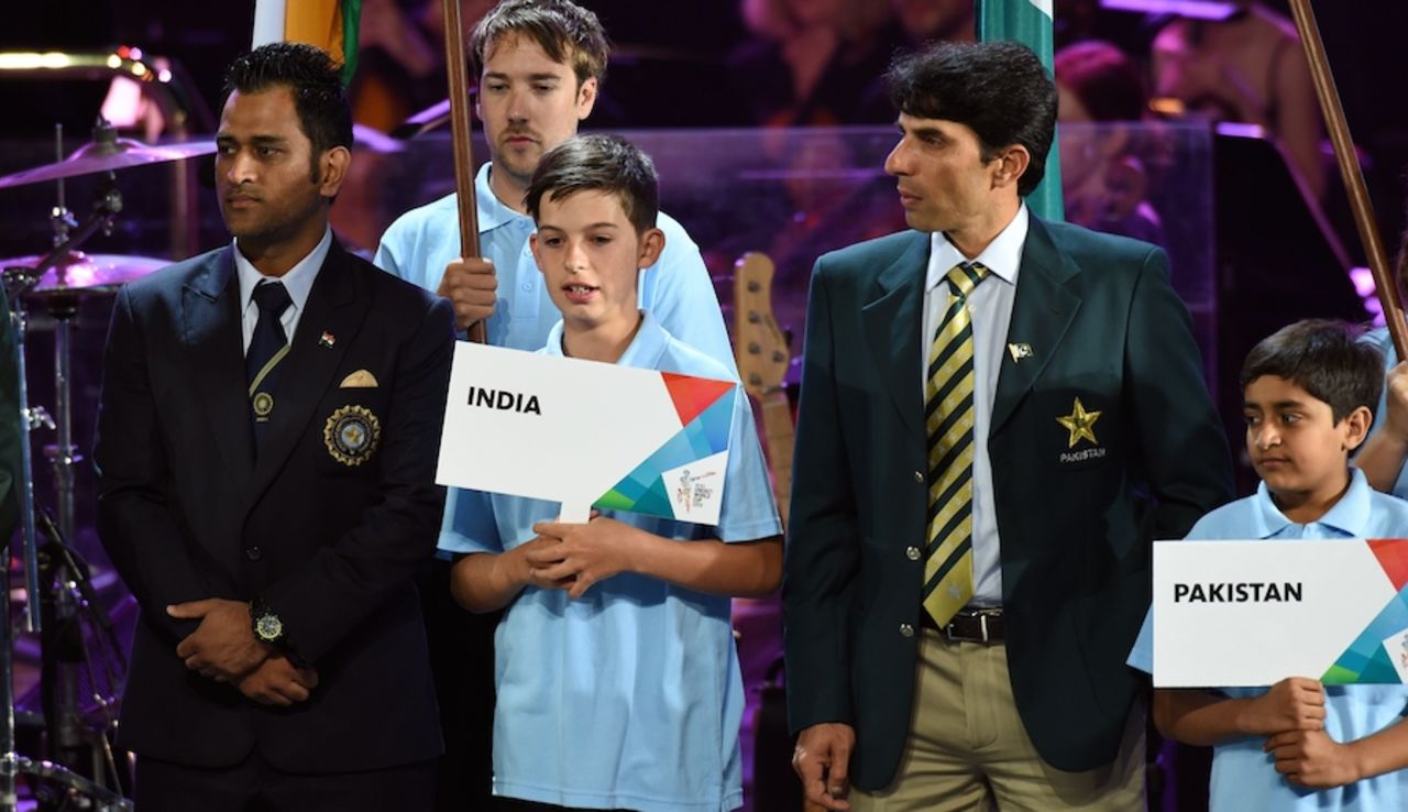 MS Dhoni and Misbah-ul-Haq onstage during the opening ceremony, World Cup 2015, Melbourne, February 12, 2015