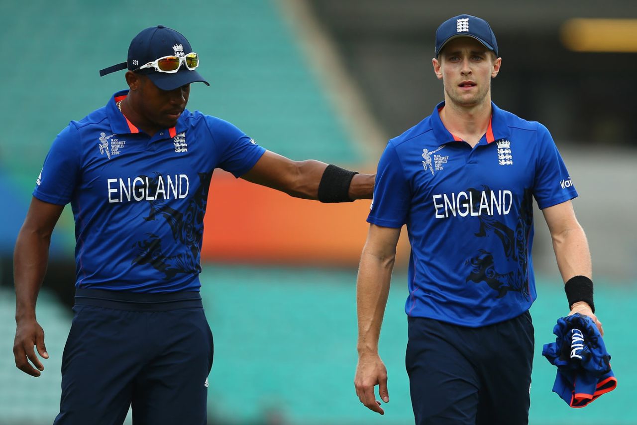 Chris Jordan congratulates Chris Woakes on his five-wicket haul, England v West Indies, World Cup warm-up match, Sydney, February 9, 2015