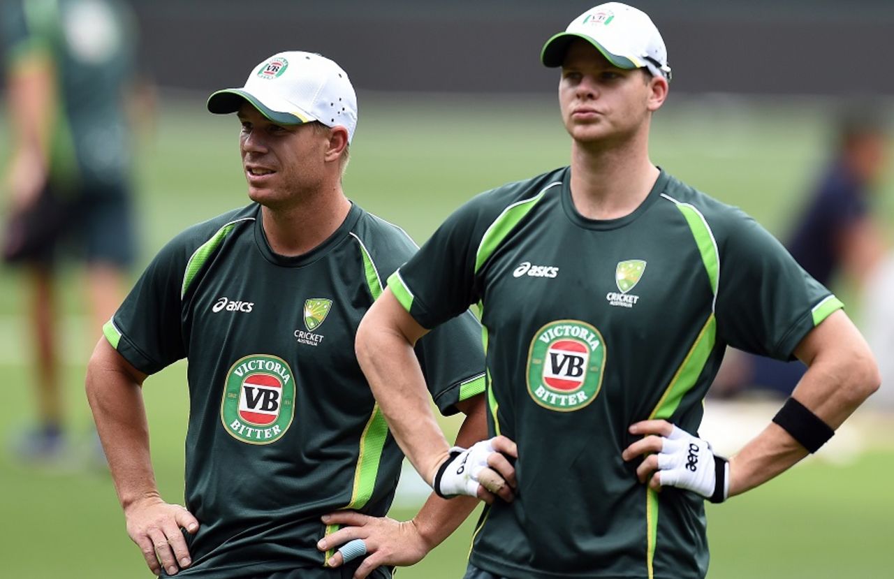 Steven Smith and David Warner get ready for fielding practice, World Cup 2015, Melbourne, February 13, 2015