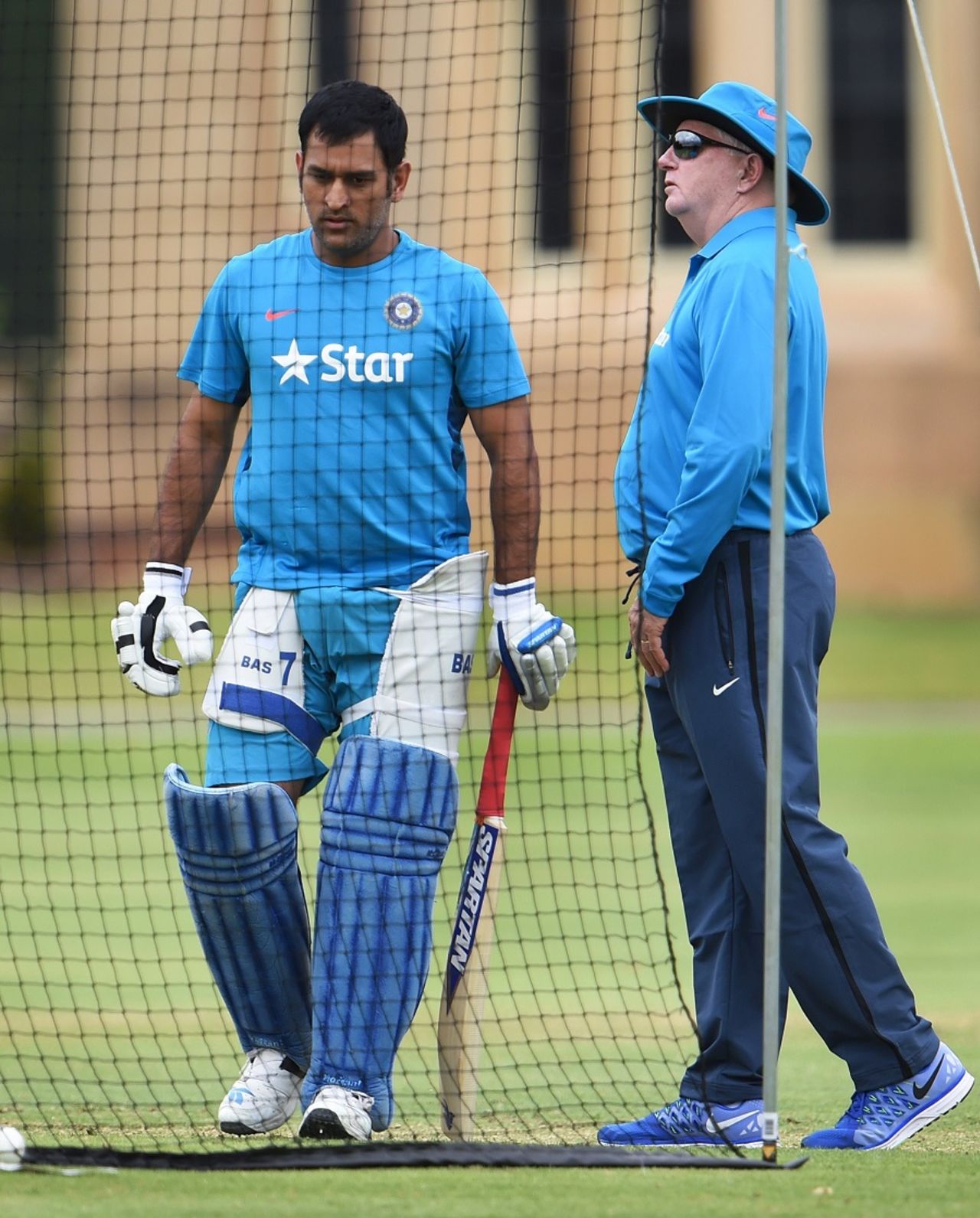 MS Dhoni gets ready for a hit in the nets as Duncan Fletcher looks on, World Cup 2015, Adelaide, February 13, 2015