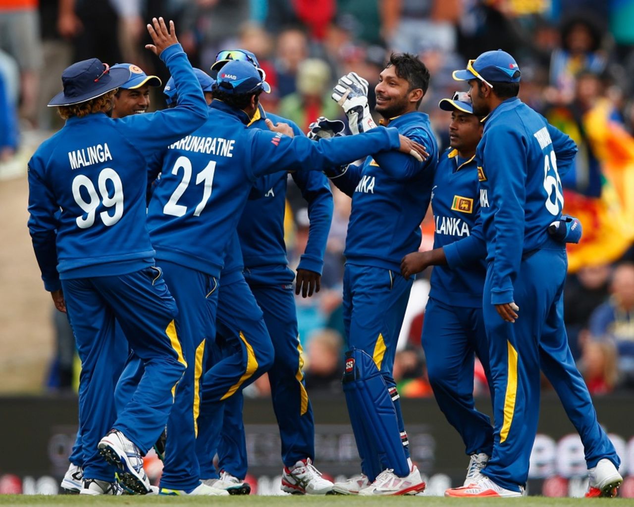 Kumar Sangakkara is congratulated by his team-mates after taking a catch, New Zealand v Sri Lanka, Group A, World Cup 2015, Christchurch, February 14, 2015