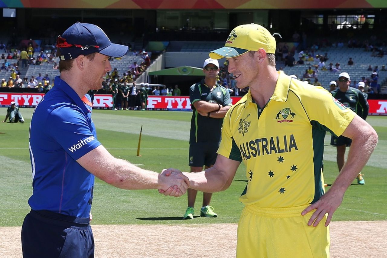 Eoin Morgan and George Bailey shake hands at the toss, Australia v England, Group A, World Cup 2015, Melbourne, February 14, 2015