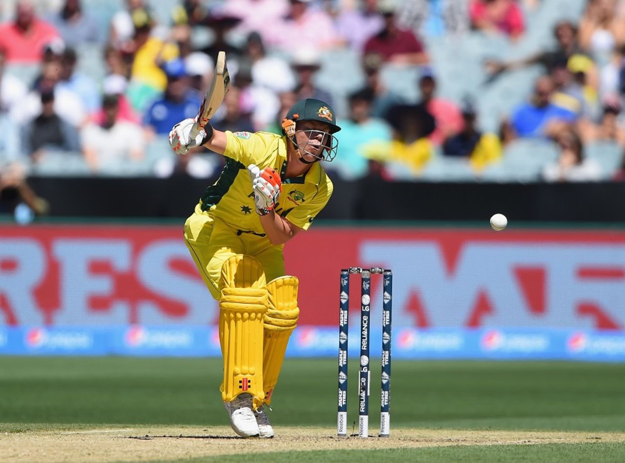 David Warner takes a blow on the body, Australia v England, Group A, World Cup 2015, Melbourne, February 14, 2015