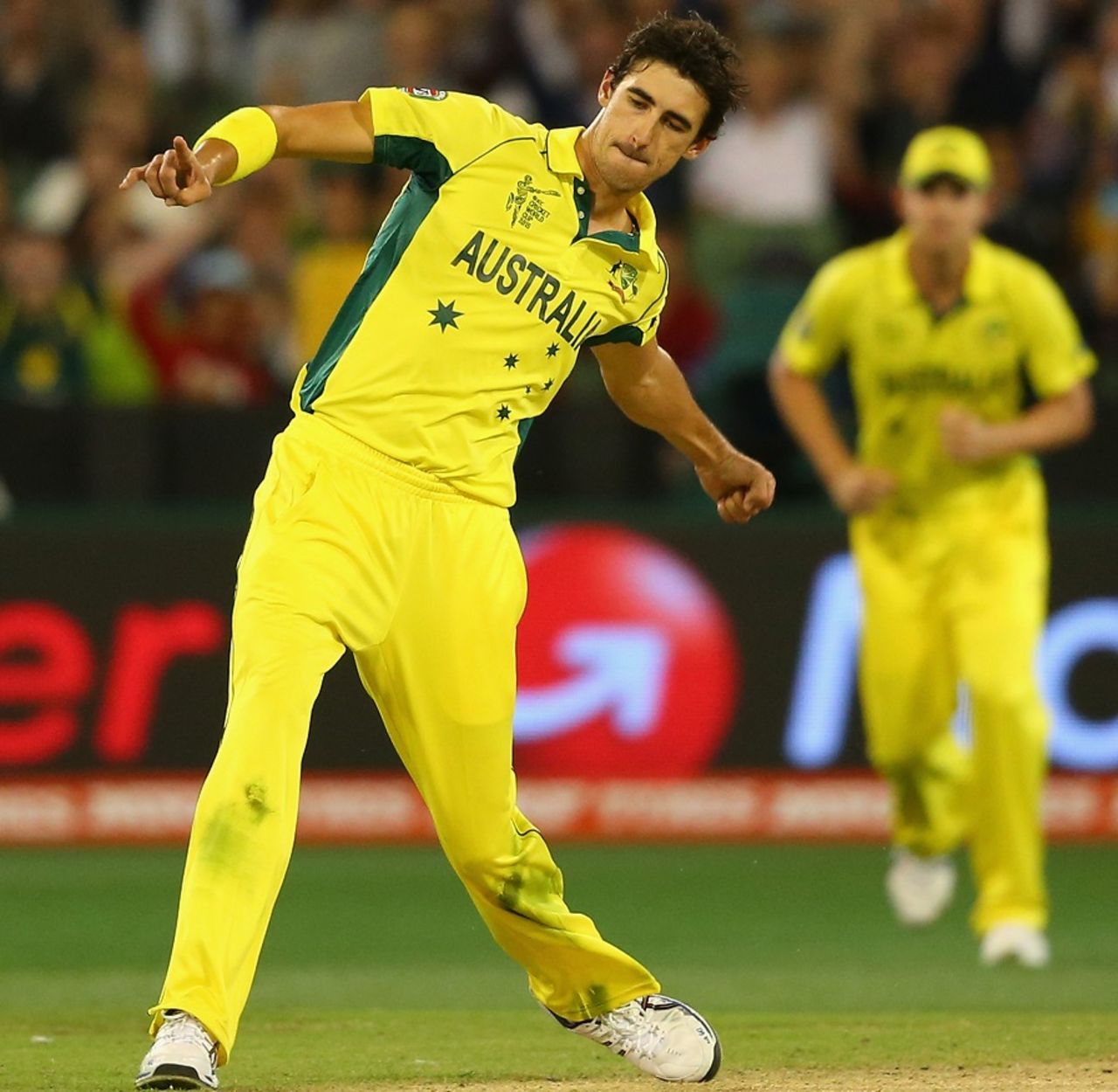 Mitchell Starc is gung ho after bowling Stuart Broad for a golden duck, Australia v England, Group A, World Cup 2015, Melbourne, February 14, 2015