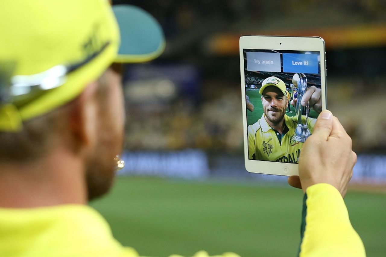 Aaron Finch takes a selfie with his Man-of-the-Match award, Australia v England, Group A, World Cup 2015, Melbourne, February 14, 2015