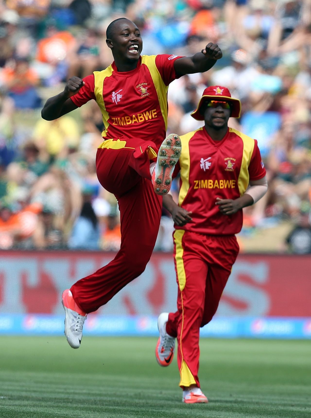 Tendai Chatara leaps after taking a wicket, South Africa v Zimbabwe, Group B, World Cup 2015, Hamilton, February 15 2015