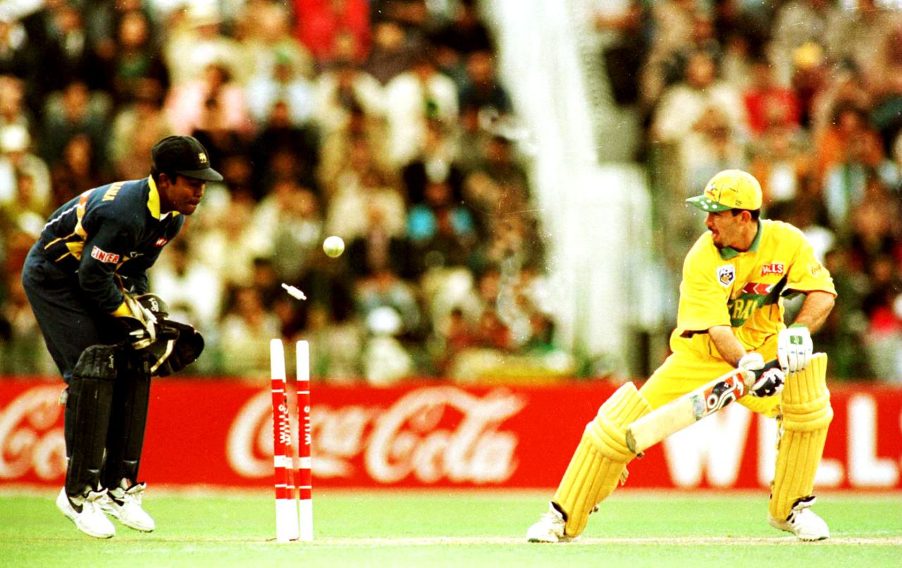 Ricky Ponting is bowled for 45, Australia v Sri Lanka, World Cup final, Lahore, March 17, 1996