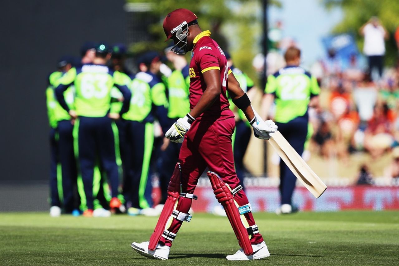 Darren Bravo walks off after being run-out for a diamond duck, Ireland v West Indies, World Cup 2015, Group B, Nelson, February 16, 2015