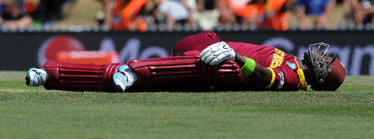 Darren Sammy stretches out, Ireland v West Indies, World Cup 2015, Group B, Nelson, February 16, 2015