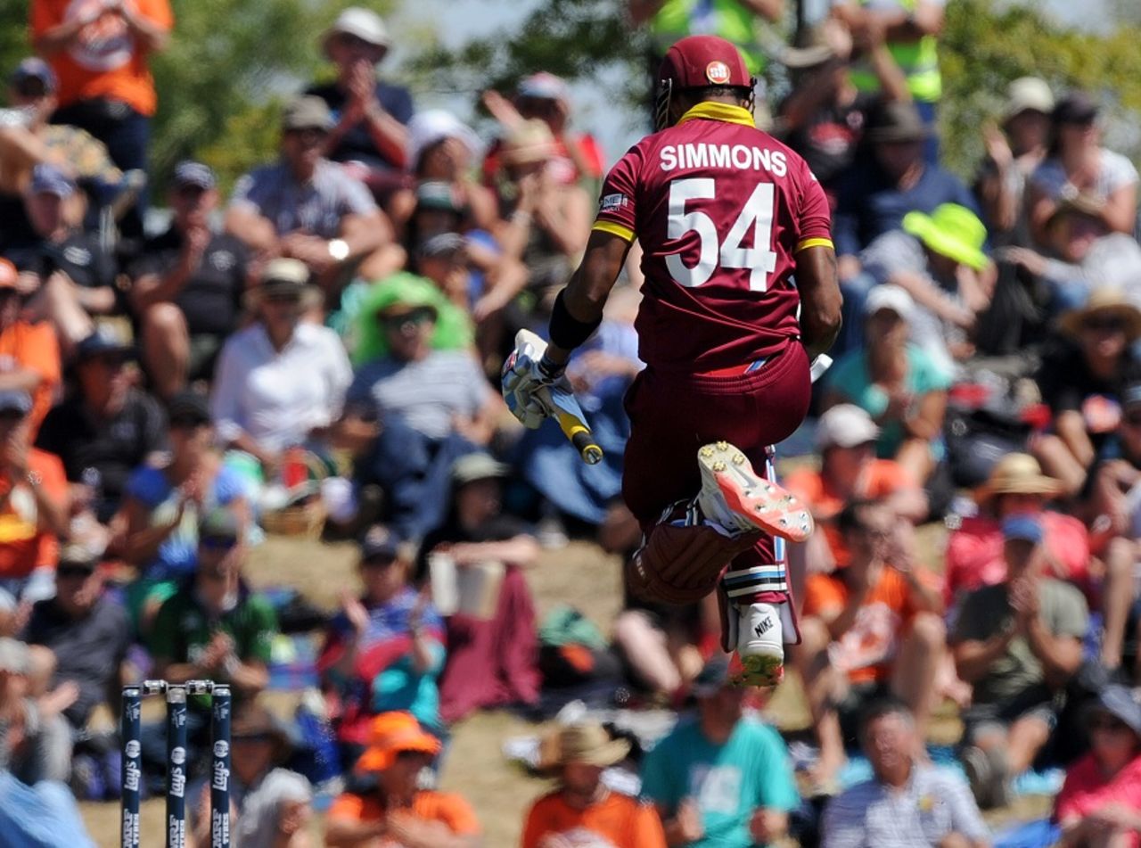 Lendl Simmons leaps in delight after bringing up his ton, Ireland v West Indies, World Cup 2015, Group B, Nelson, February 16, 2015