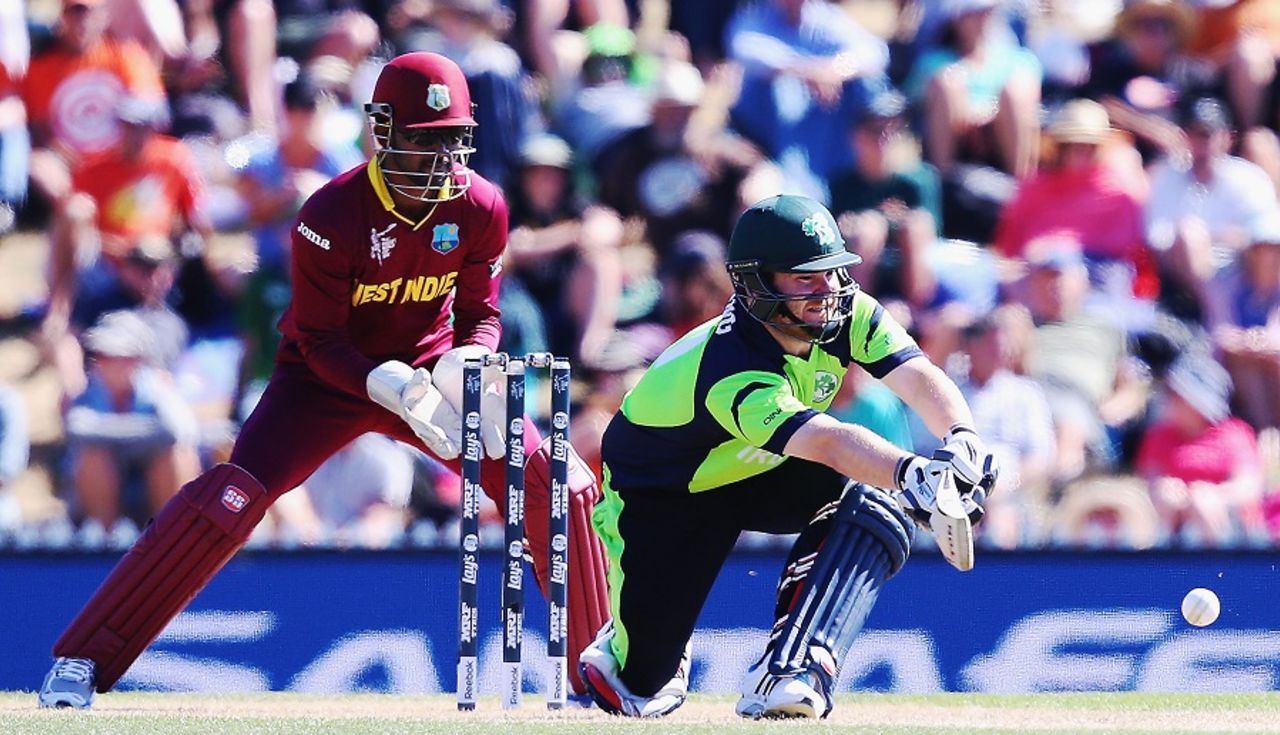 Paul Stirling plays a sweep, Ireland v West Indies, World Cup 2015, Group B, Nelson, February 16, 2015