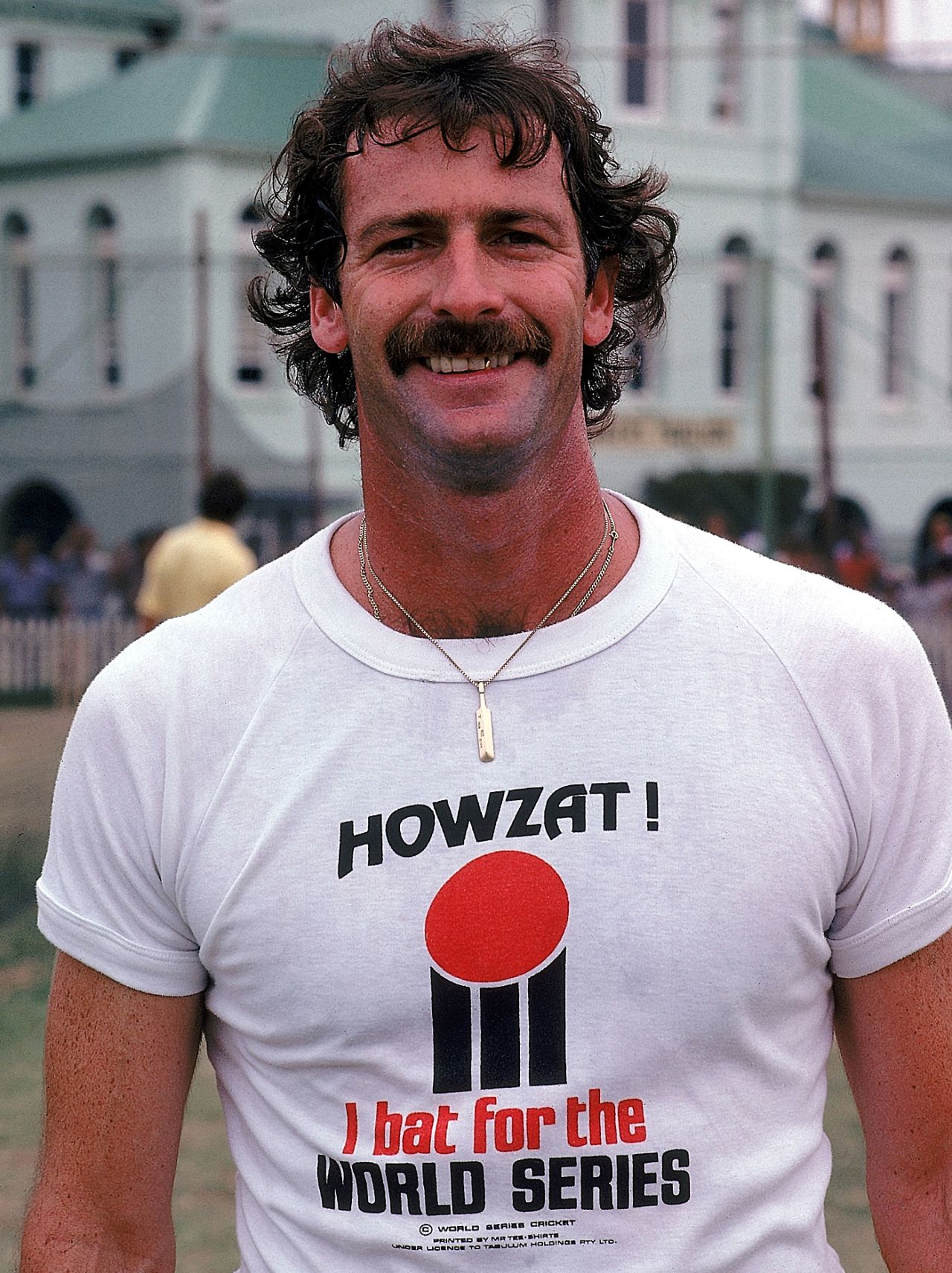 Dennis Lillee and his WSC t-shirt, Sydney, January 17, 1978
