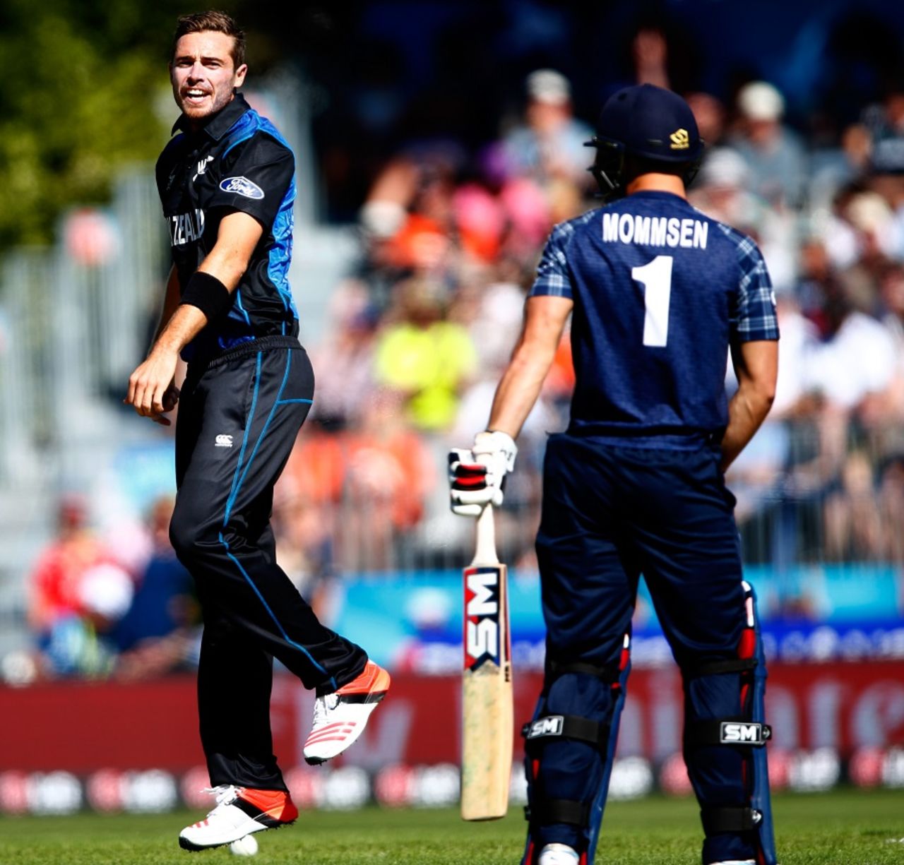 Tim Southee exults after trapping Preston Mommsen lbw for a golden duck, New Zealand v Scotland, World Cup 2015, Group A, Dunedin, February 17, 2015