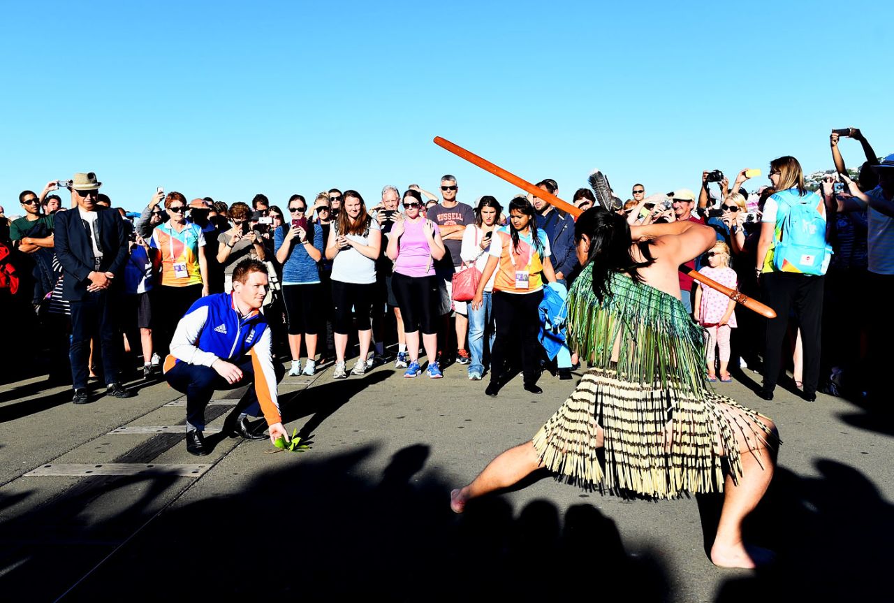 Eoin Morgan accepts the Wero challenge during an official Maori welcome, World Cup 2015, Wellington, February 17, 2015