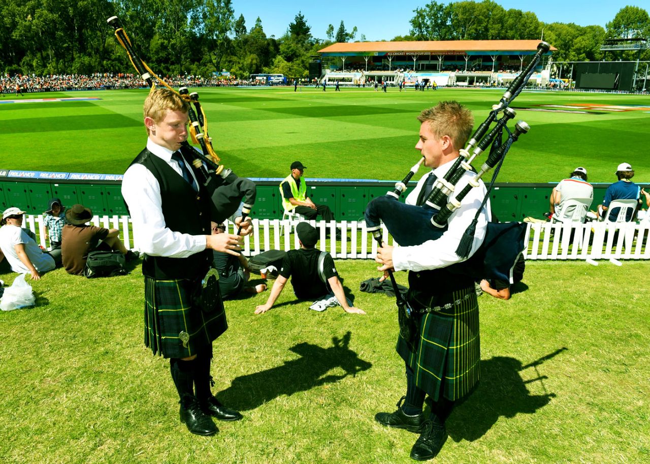 Two pipers play the bagpipes during Scotland's match in Dunedin, New Zealand v Scotland, World Cup 2015, Group A, Dunedin, February 17, 2015