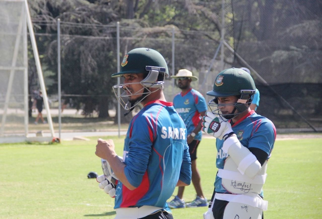 Nasir Hossain and Mushfiqur Rahim wait their turn to bat during nets, World Cup 2015, Canberra, February 17, 2014