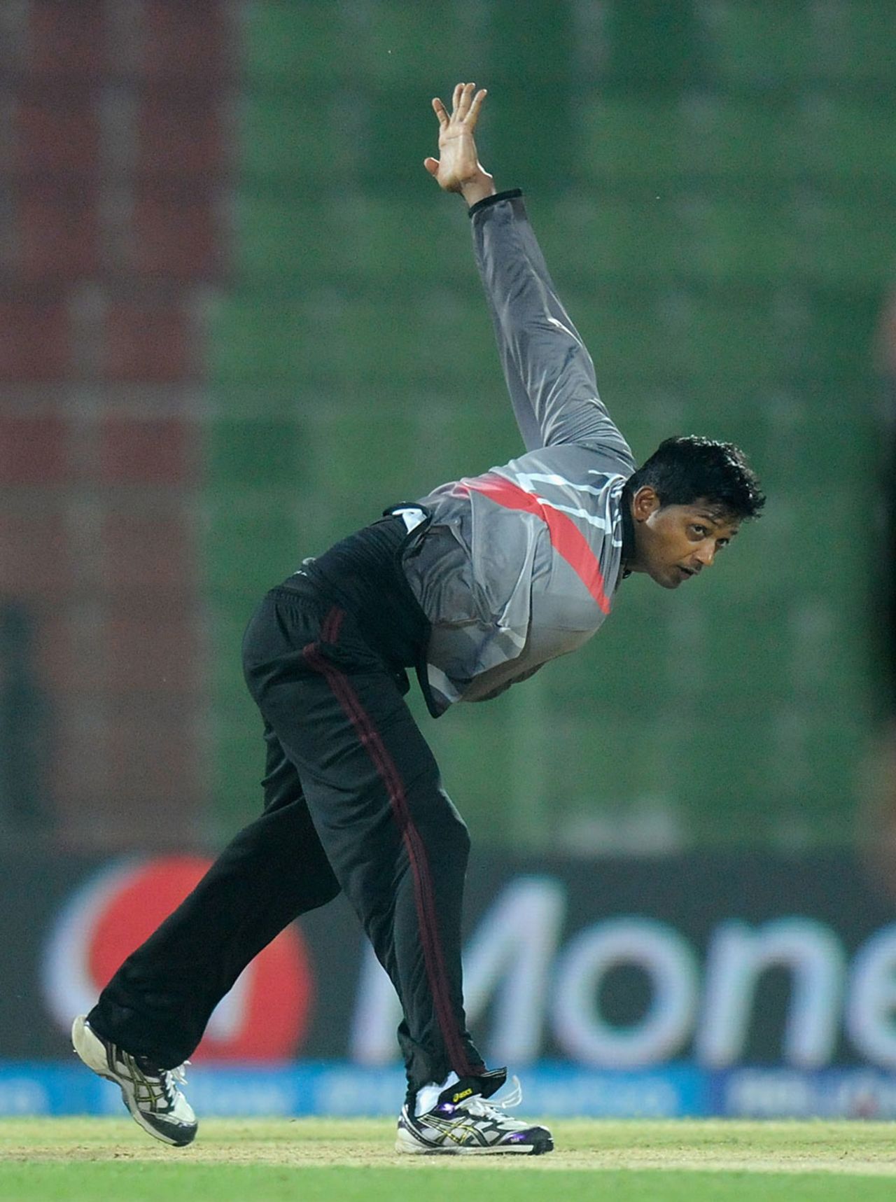 Amjad Javed in action, UAE v Netherlands, World T20 2014, Sylhet, March 17, 2014
