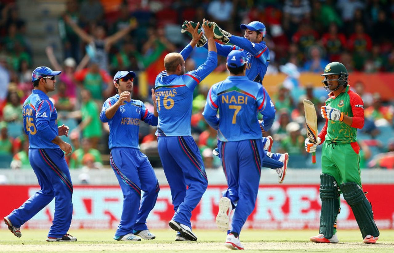 Afghanistan players celebrate the wicket of Anamul Haque even as he asks for a review, Afghanistan v Bangladesh, World Cup 2015, Group A, Canberra, February 18, 2015