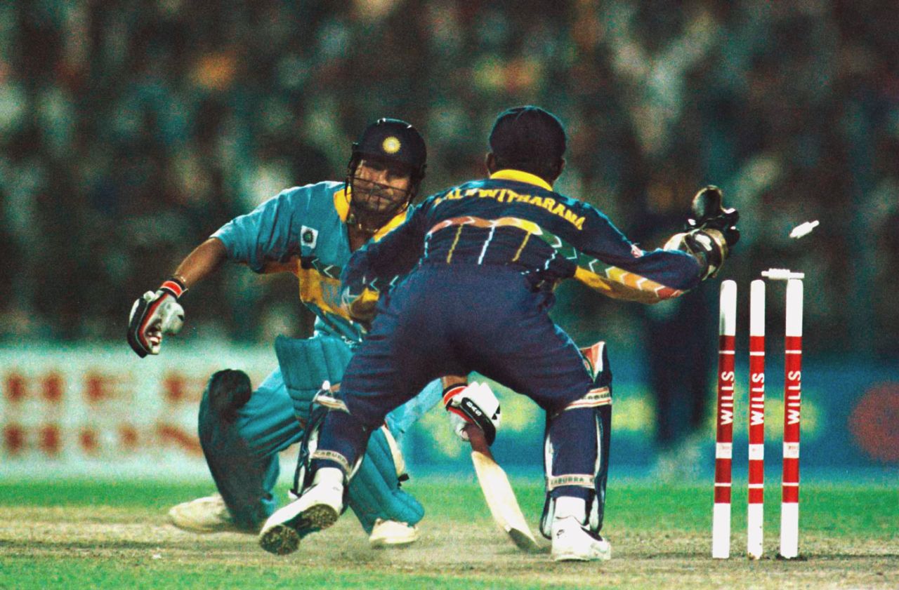 Romesh Kaluwitharana whips off the bails before Sachin Tendulkar makes his ground, India v Sri Lanka, World Cup semi-final, Kolkata, March 13, 1996