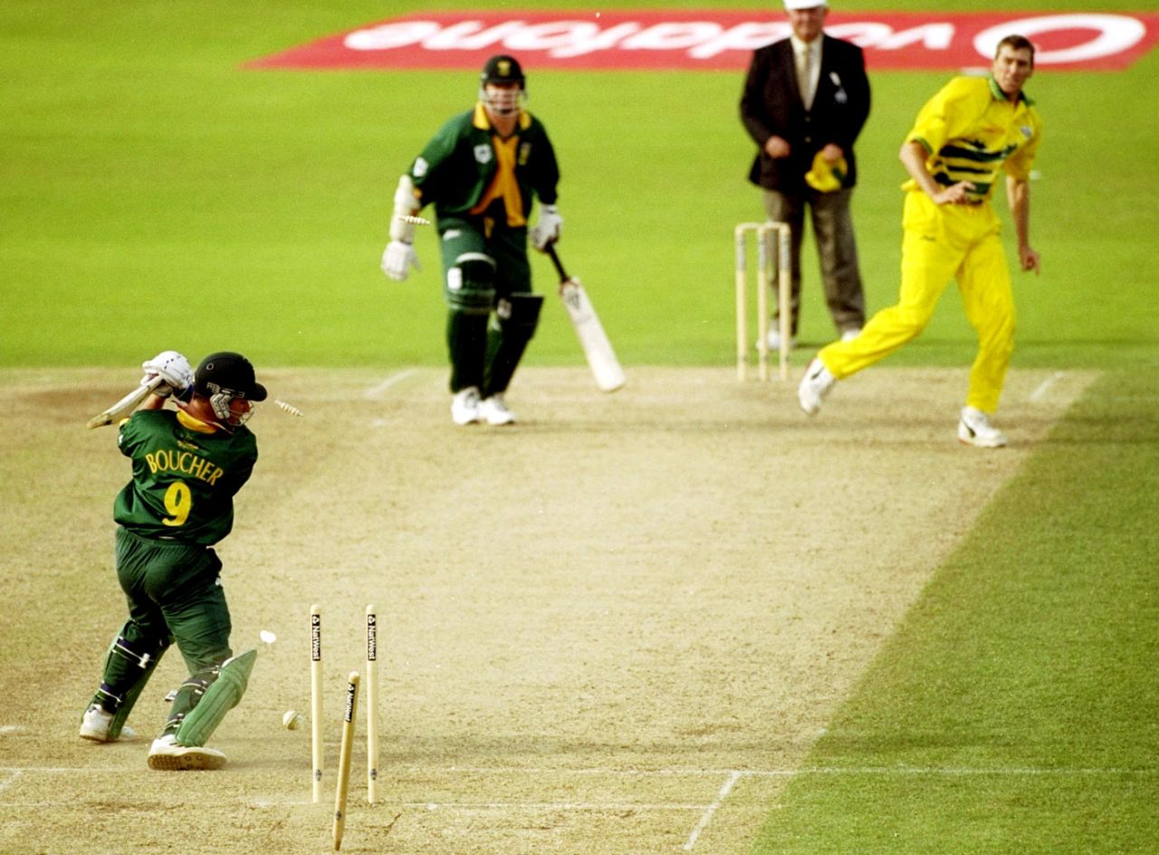 Mark Boucher is bowled by Glenn McGrath, Australia v South Africa, World Cup, 2nd semi-final, Edgbaston, June 17, 1999