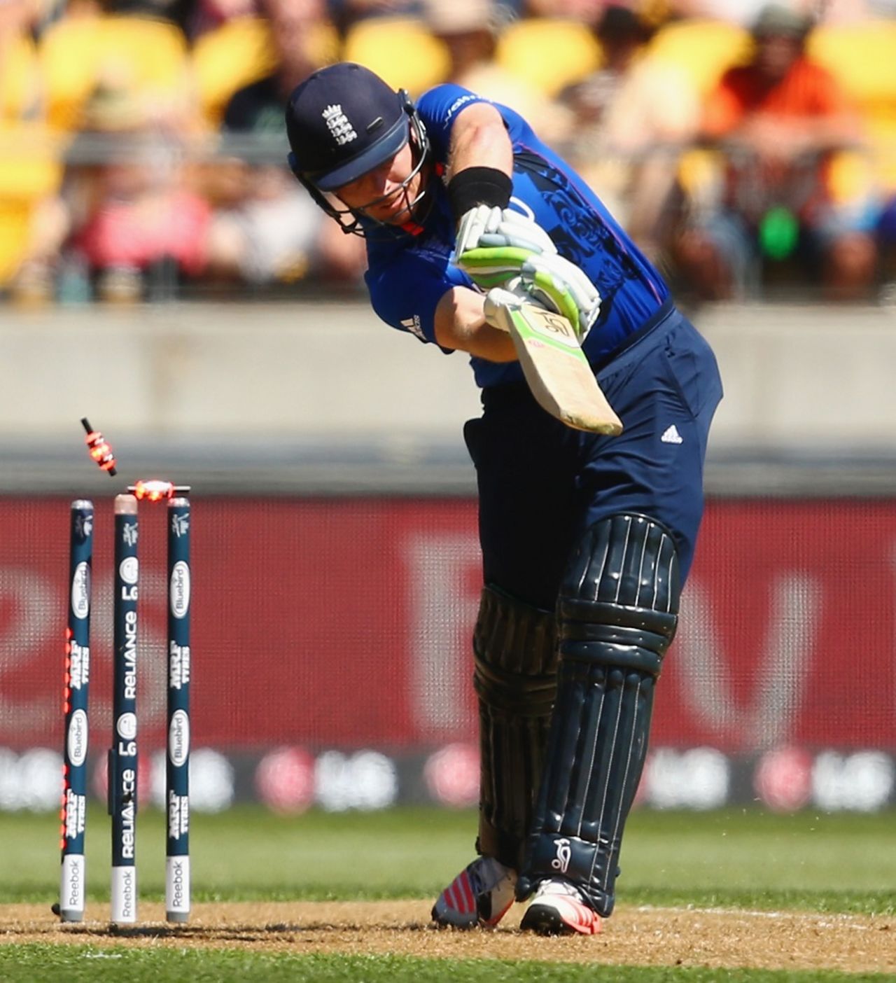 The bails light up as Ian Bell is bowled, New Zealand v England, World Cup 2015, Group A, Wellington, February 20, 2015