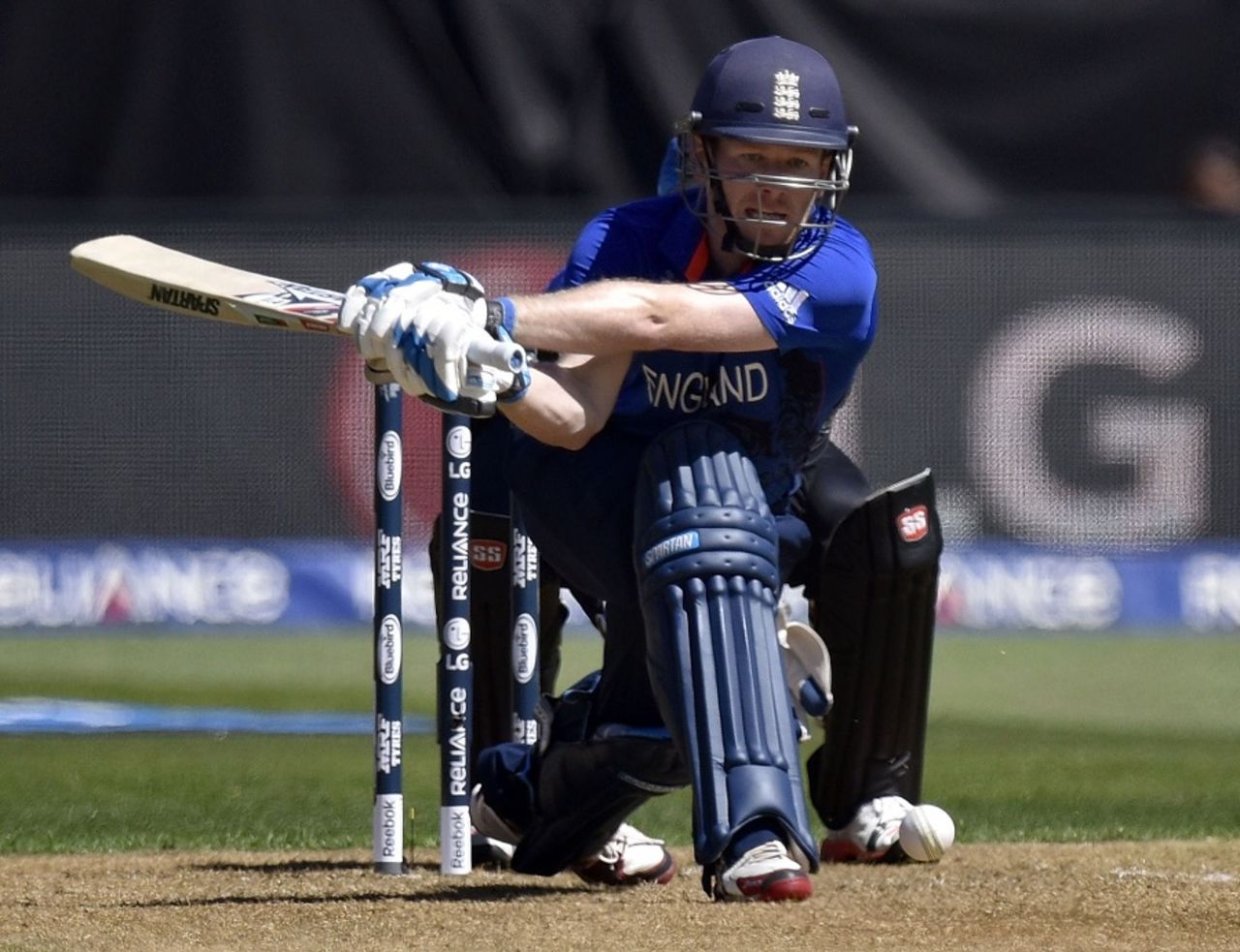 The reverse sweep was on show during Eoin Morgan's innings, New Zealand v England, World Cup 2015, Group A, Wellington, February 20, 2015