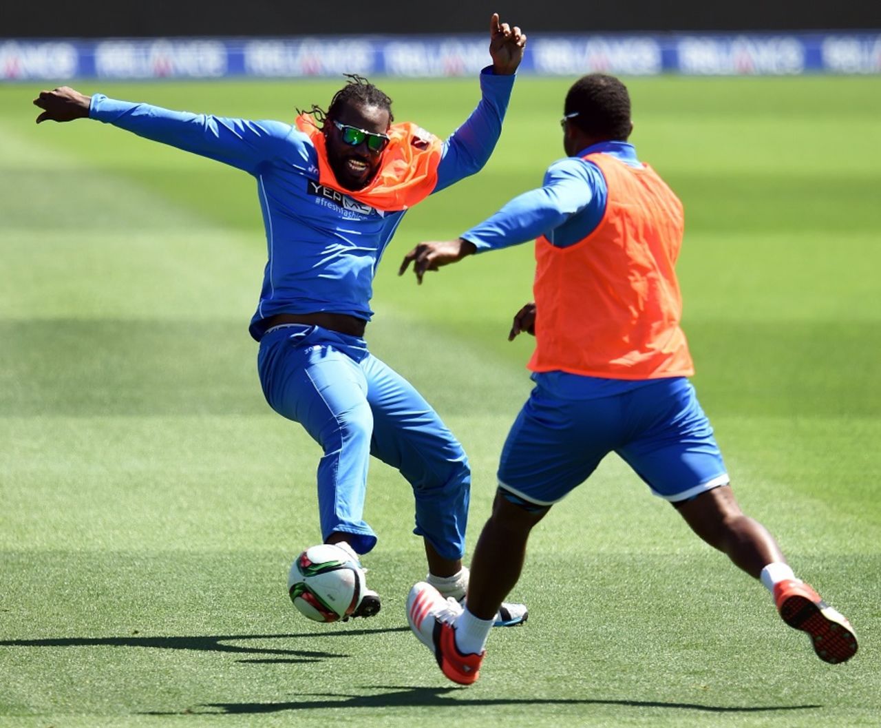 Chris Gayle and Dwayne Smith show off their football skills, Christchurch, February 20, 2015