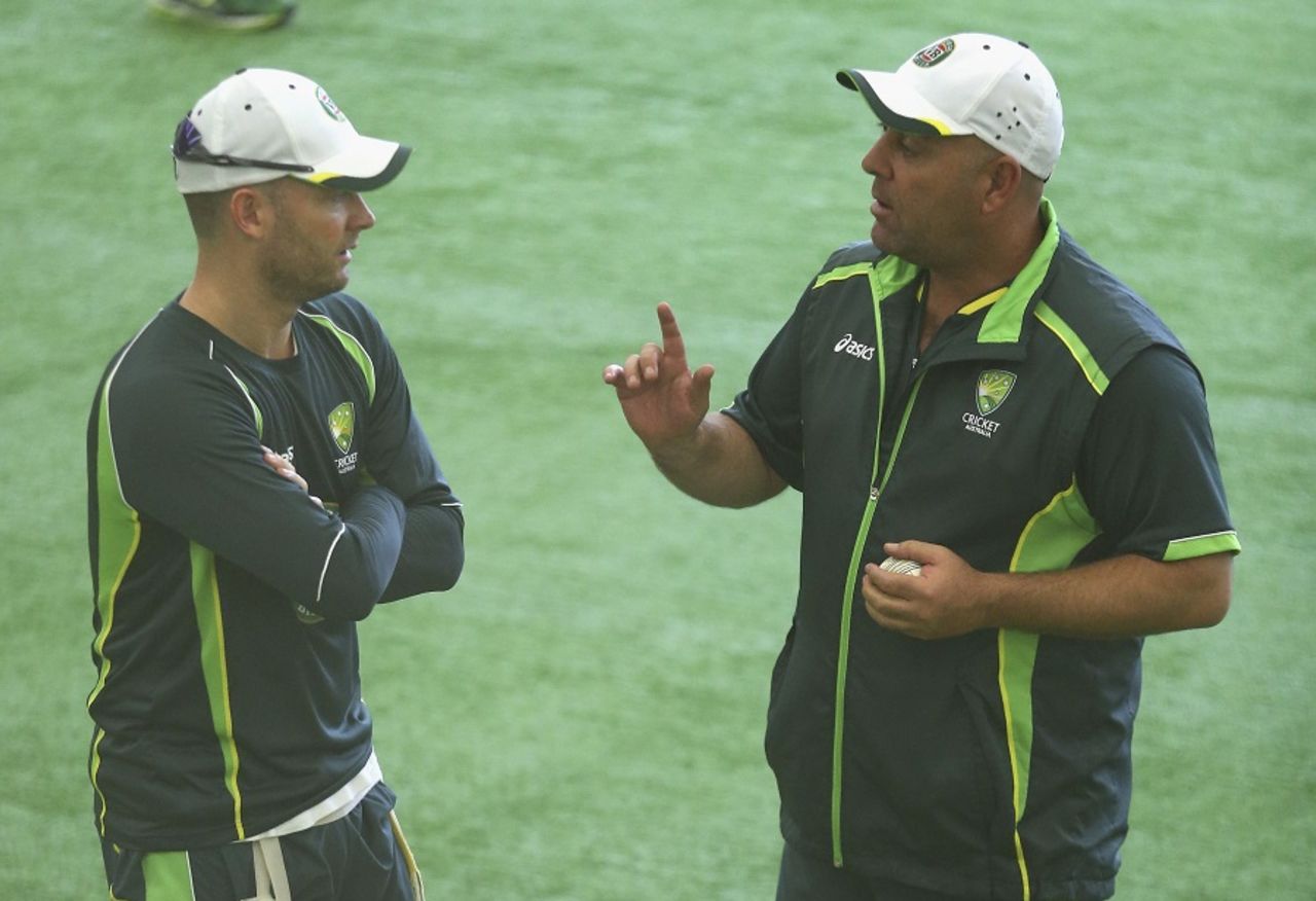 Darren Lehmann has a chat with Michael Clarke during indoor practice, World Cup, Brisbane, February 20, 2015