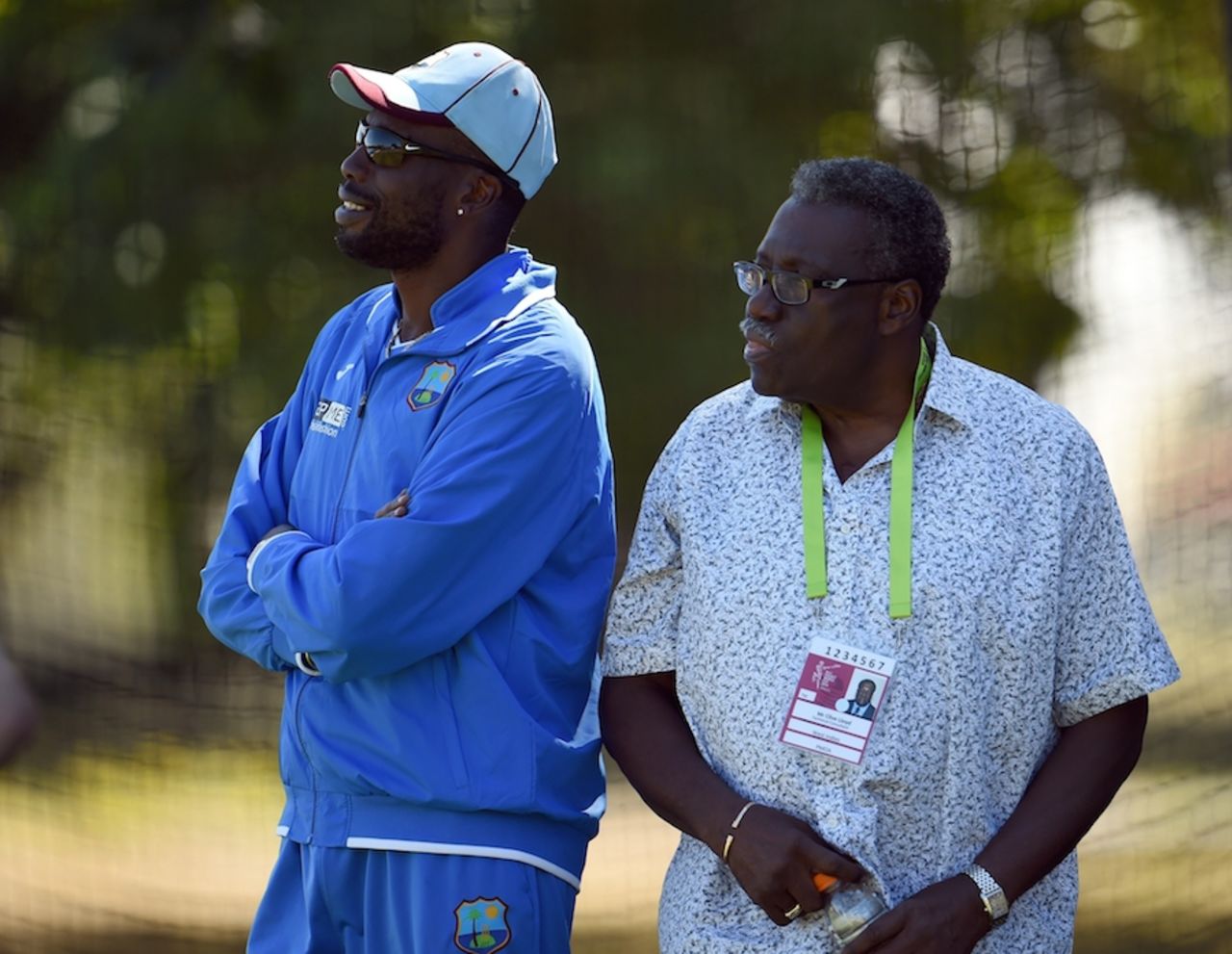 Curtly Ambrose and Clive Lloyd watch the West Indies team practice, World Cup, Christchurch, February 20, 2015