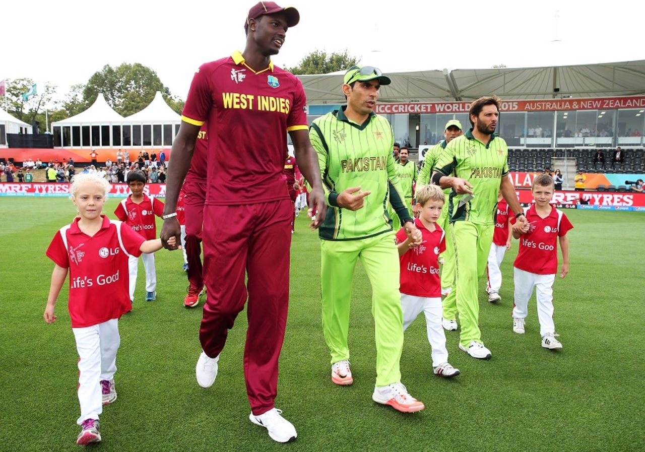 Pakistan and West Indies walk out for the national anthems, Pakistan v West Indies, World Cup 2015, Group B, Christchurch, February 21, 2015