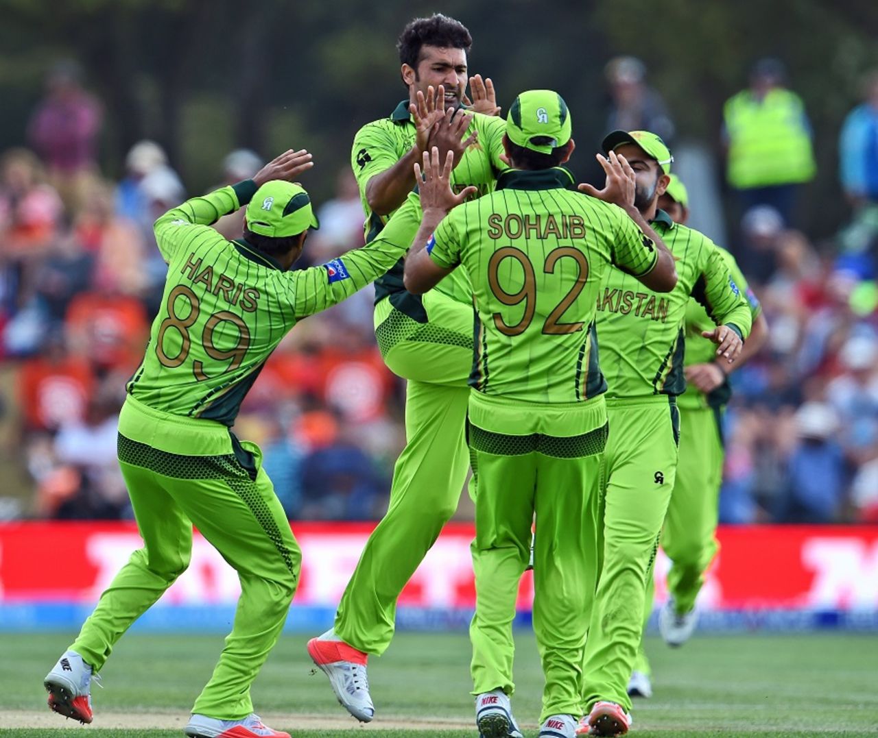 Sohail Khan is mobbed after dismissing Dwayne Smith, Pakistan v West Indies, World Cup 2015, Group B, Christchurch, February 21, 2015