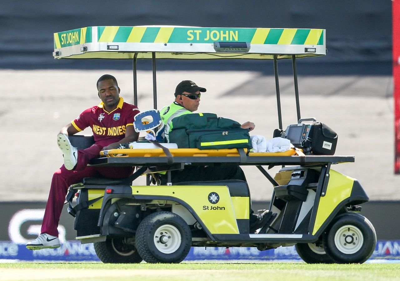Darren Bravo leaves the field in a cart after injuring his hamstring, Pakistan v West Indies, World Cup 2015, Group B, Christchurch, February 21, 2015