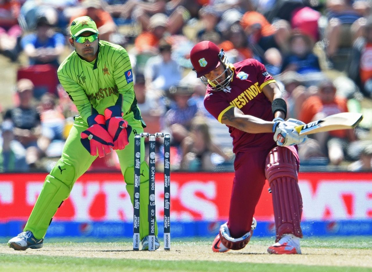 Lendl Simmons hammers one through on side, Pakistan v West Indies, World Cup 2015, Group B, Christchurch, February 21, 2015