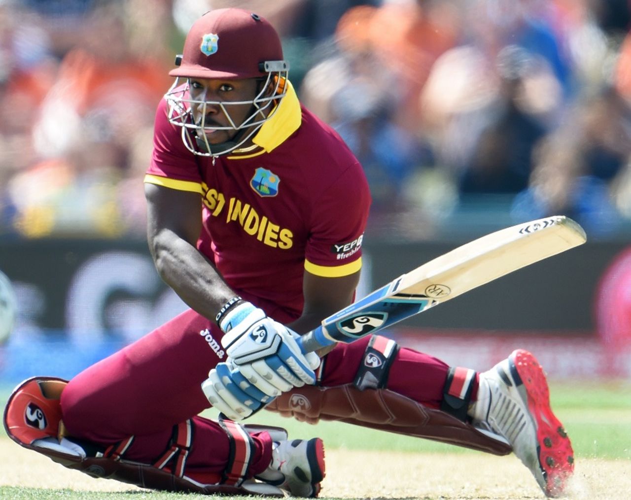 Andre Russell plays an outrageous shot during his 13-ball 42, Pakistan v West Indies, World Cup 2015, Group B, Christchurch, February 21, 2015